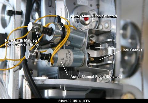 The external controls used for joy stick control of Auto Focus/Iris Control using solenoids and levers to push the external buttons on the camera